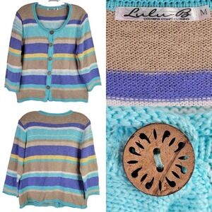 LuLu B Cardigan Sweater Women's Medium Multicolor Striped 3/4 Sleeve Beach Wear
